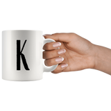"AO APPAREL: LetterMug (K, L, M, N, O)" 11oz Coffee Mug (White)