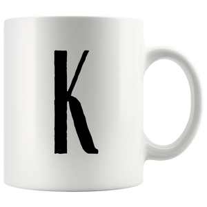 "AO APPAREL: LetterMug (K, L, M, N, O)" 11oz Coffee Mug (White)